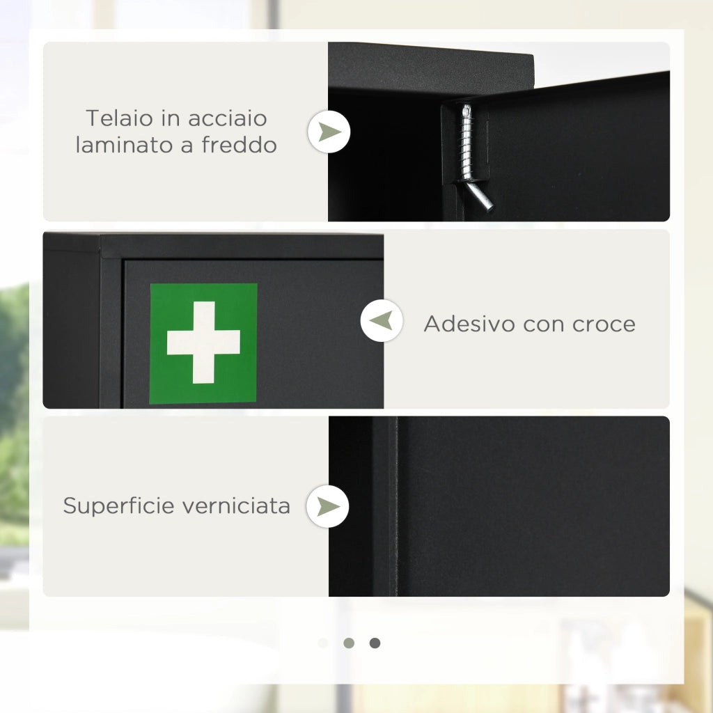 Armadietto Medicinali con 3 Mensole e Blocco con Chiavi in Acciaio. 30x14x46cm. Nero