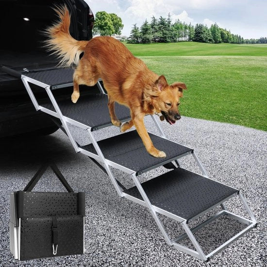 Trappola per cani per auto 4 passaggi, rampa per cani pieghevole per cani grandi, superficie antiscivolo in alluminio, rampa per cani trasportabile per auto, SUV, camion, supporta fino a 113 kg