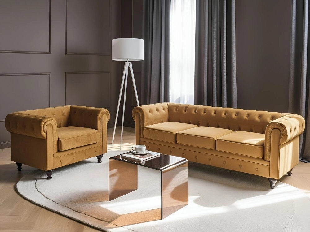 Set da soggiorno Chesterfield con rivestimento in velluto oro con gambe nere divano a 3 posti + poltrona