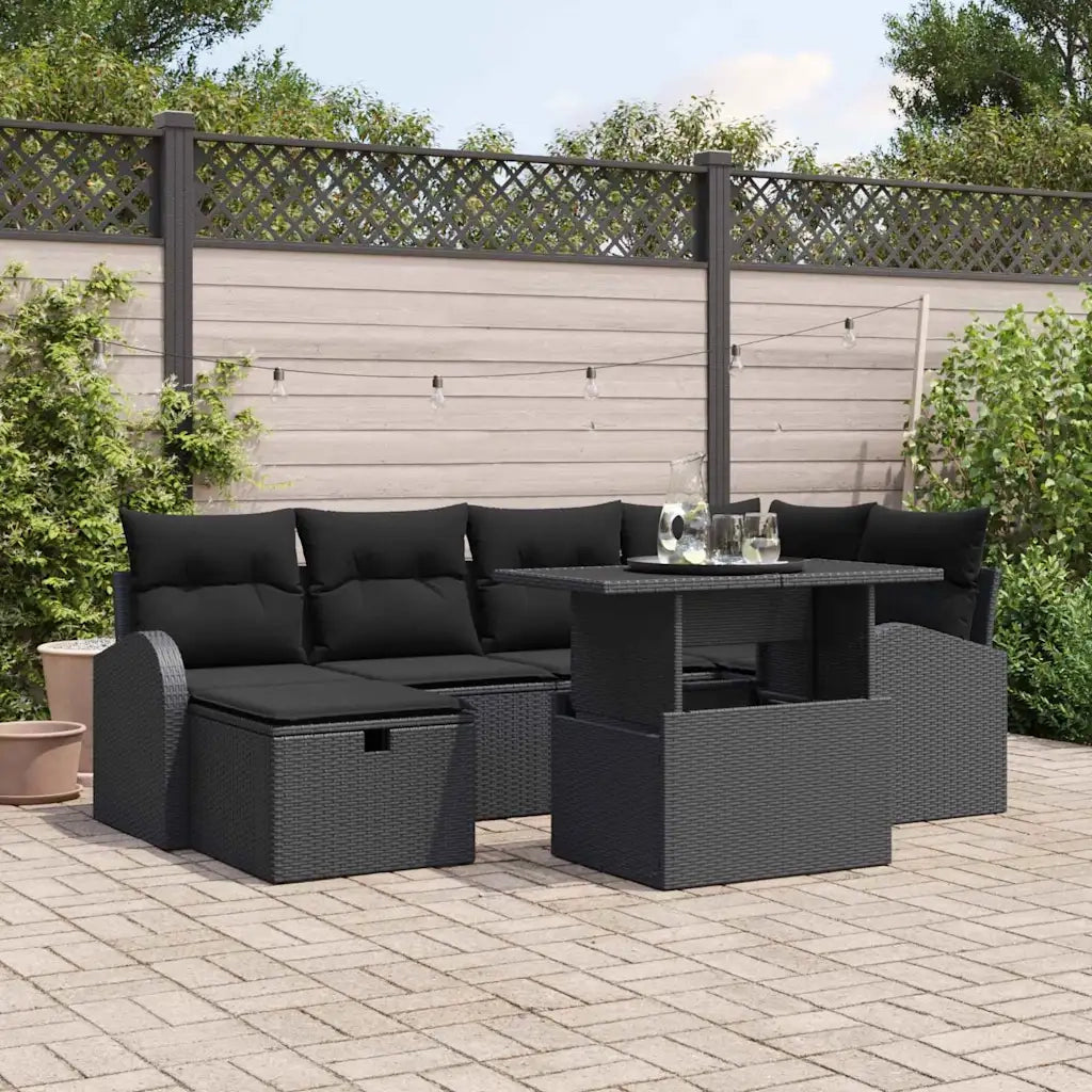 Set Divano da Giardino con cuscino 7 pcs Nero Poly Rattan