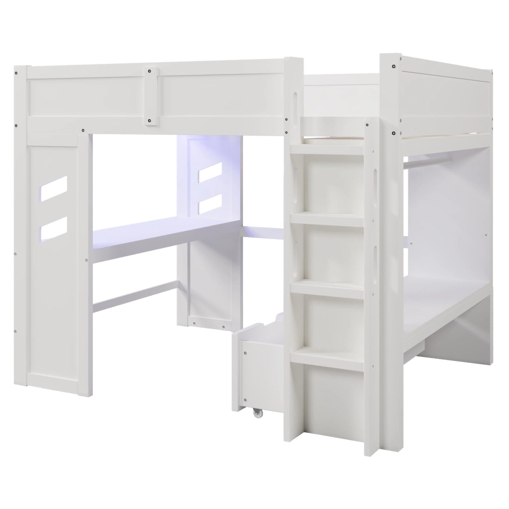 Letto a soppalco 140x200 cm con scrivania, LED, USB-C, 2 cassetti e appendiabiti, bianco