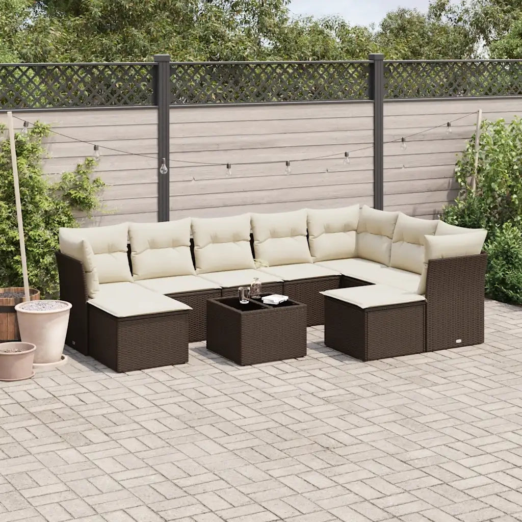 Set Divani da Giardino 10pz con Cuscini in Polyrattan Marrone 3218583