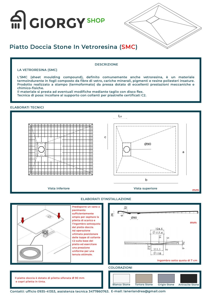 Piatto Doccia In SMC Vetroresina Effetto Pietra H 2,6 Cm Con Piletta Di Scarico Inclusa 80-120 Bianco