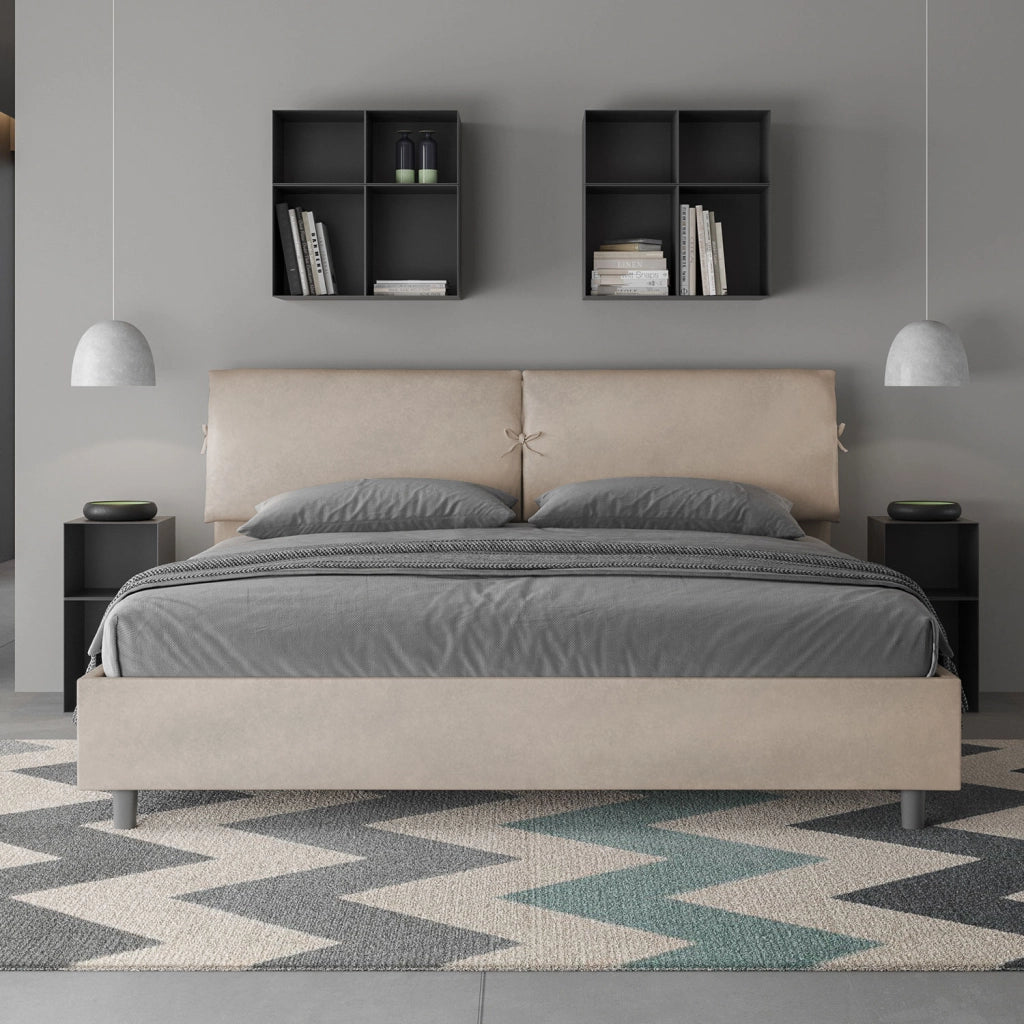BS COM Letto matrimoniale king size contenitore imbottito 180x210 microfibra sabbia