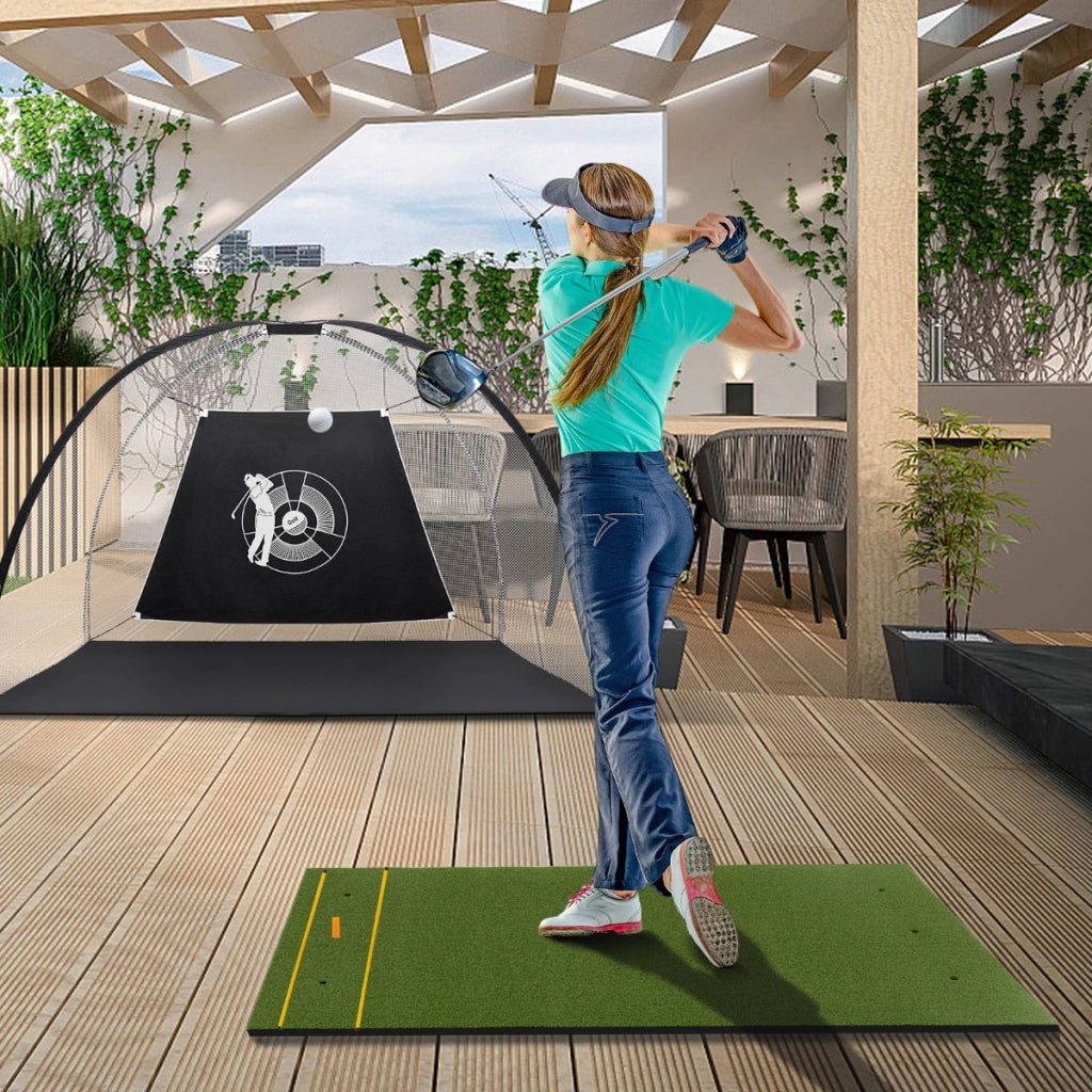 Tappeto golf con 2 punte da golf 2 aste di allineamento 6 fori preforati per le punte, Tappeto in erba sintetica 152x92x2cm
