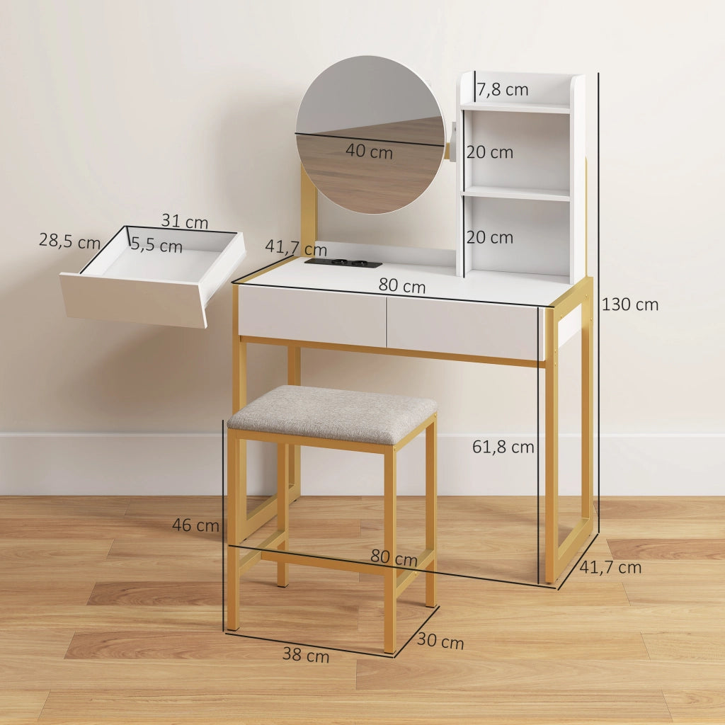 Cassettiera con Specchio e Sgabello ¨C Xylo ¨C Bianca con 2 Cassetti e 3 Ripiani
