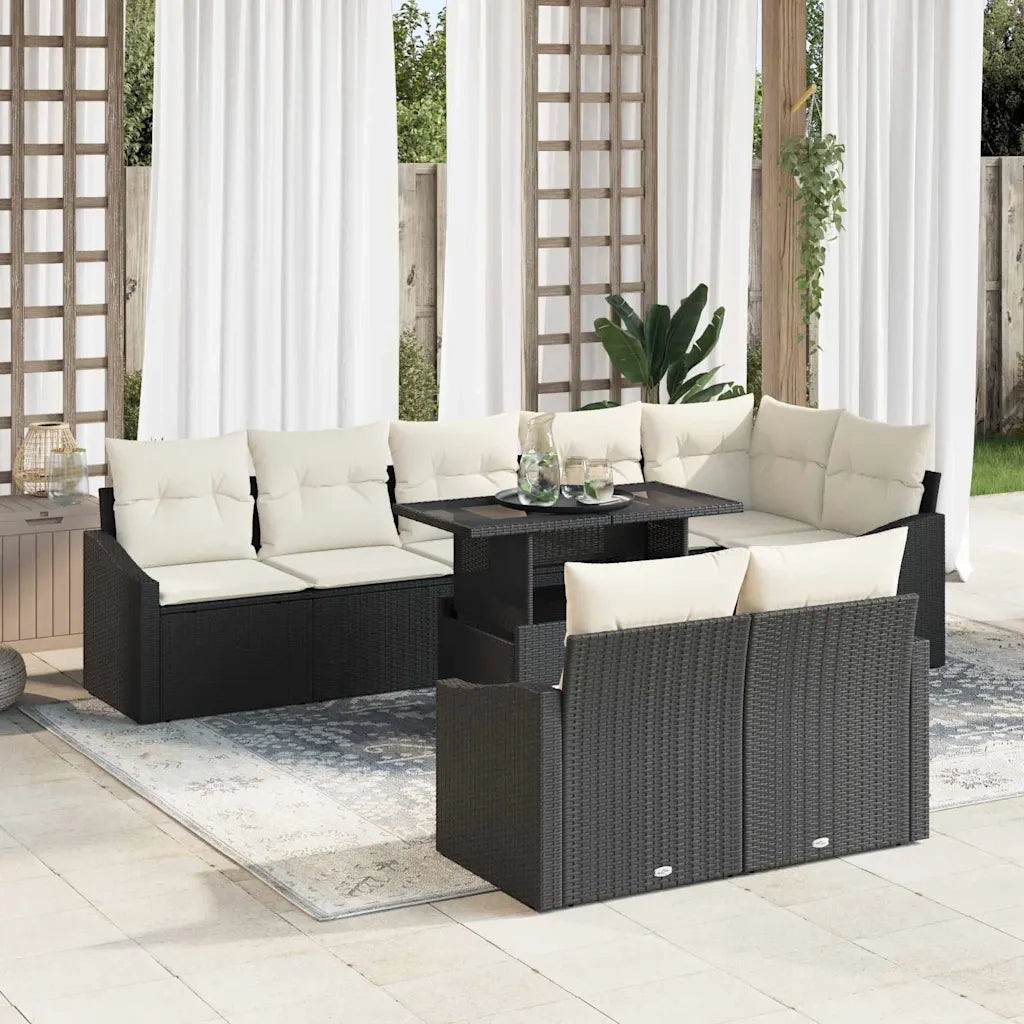 Set Divano da Giardino con cuscino 9 pcs Nero e crema