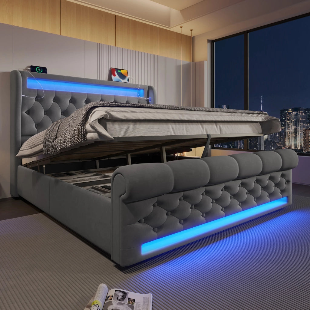 LETTO imbottito 140x190 cm in velluto grigio con LED, USB e Type C