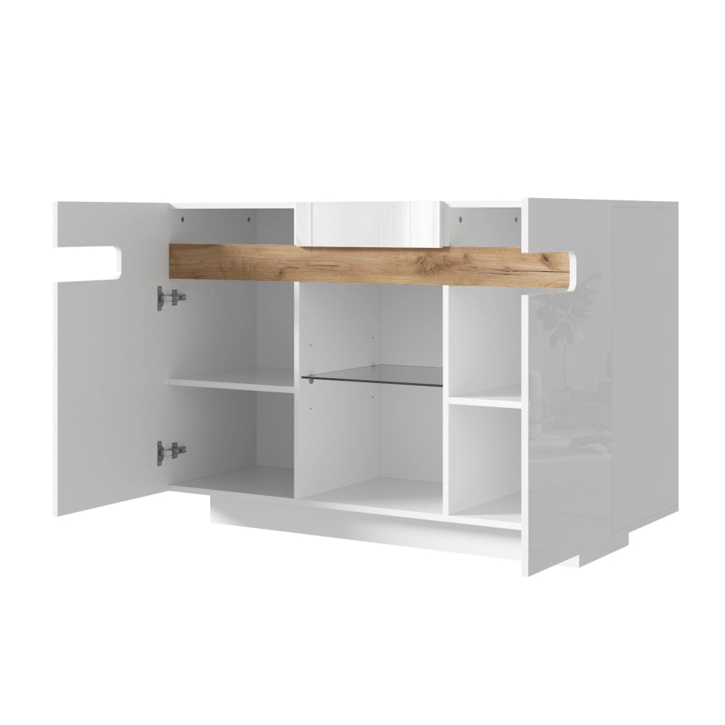 SIDEBOARD LED 120x40x80 cm Bianco e Effetto Legno Naturale