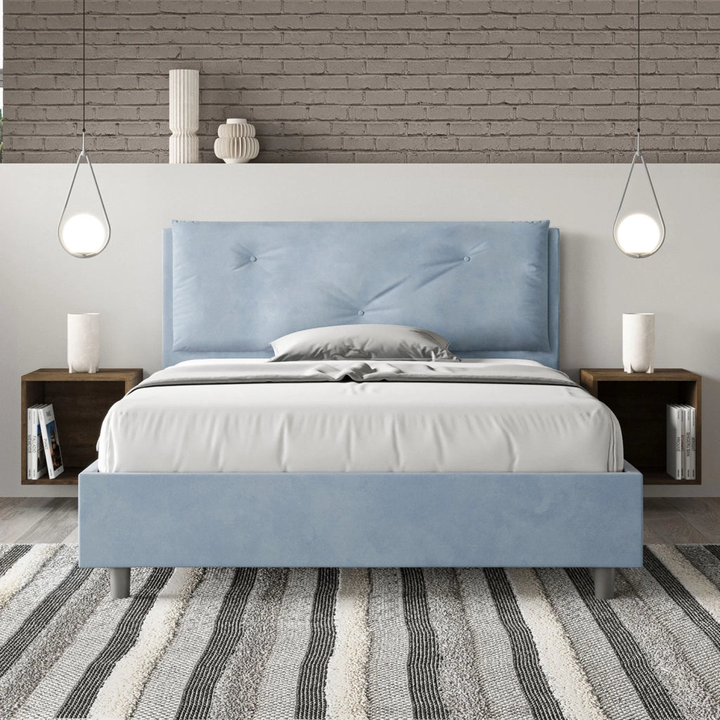 BS COM Letto matrimoniale francese contenitore imbottito 140x210 microfibra azzurro Large