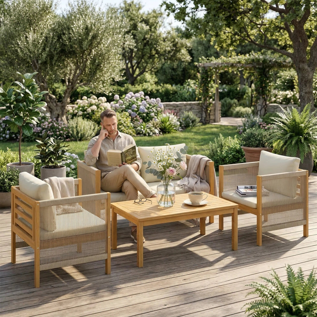 Set da giardino in legno con divano 2 posti 2 poltrone e tavolo ¨C zephmum ¨C cuscini lavabili