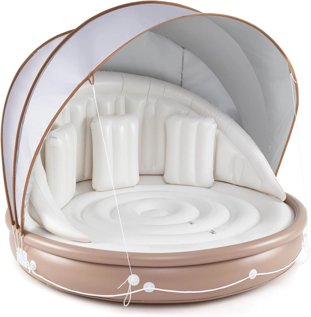 Isola Gonfiabile da Piscina, Lounge Gallegiante con Ombra Retrattile e Rimovibile, Dotato di 3 Cuscini, Materasso Gonfiabile Pieghevole e Portatile per 2 Persone, Portata 180 kg