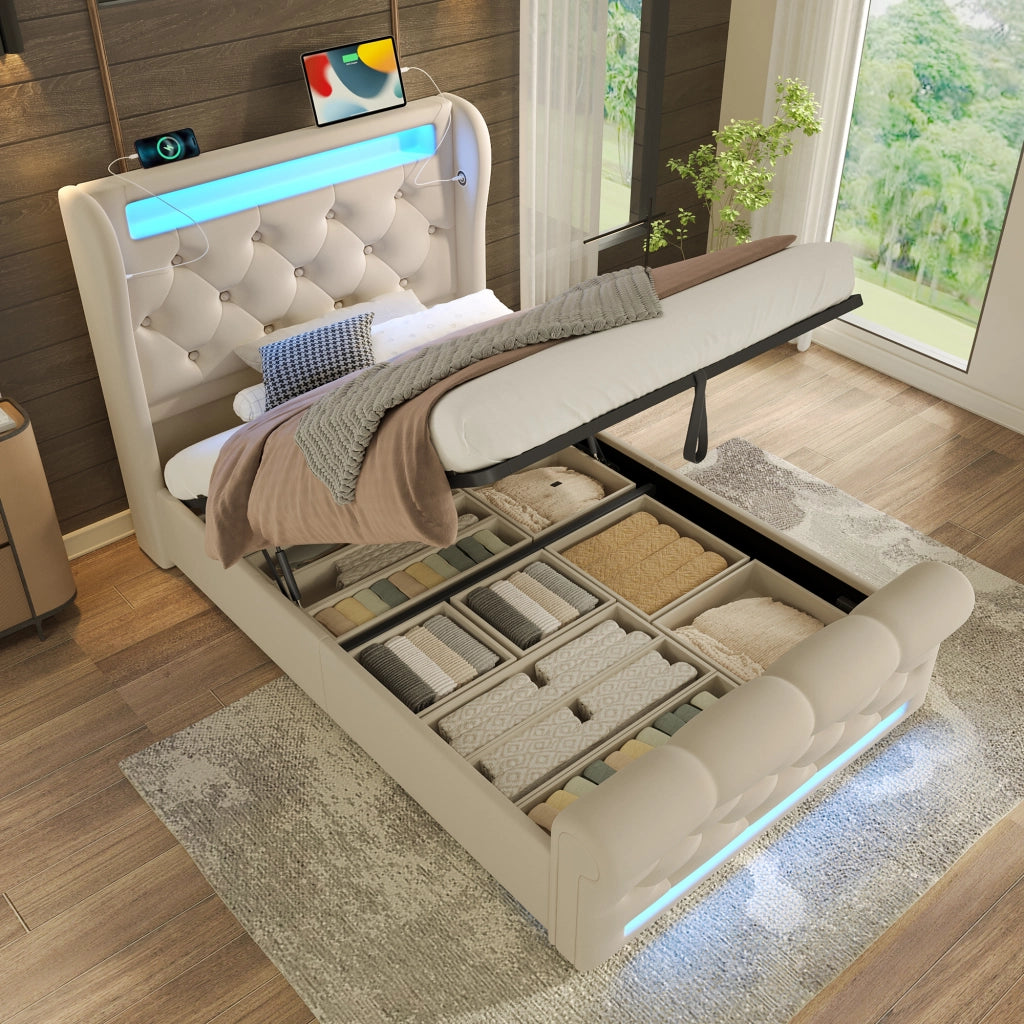 Letto Contenitore 90 x 200 cm Idraulico con LED; USB e Type-C; in Velluto Beige