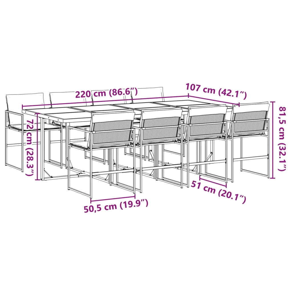 Set da Pranzo da Giardino 9 pz con Cuscini Nero in Textilene 3295075