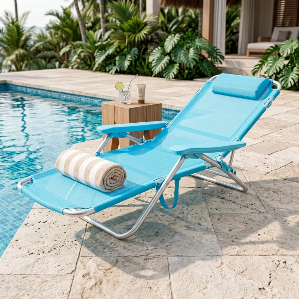 Spiaggina Reclinabile Da Mare Con Poggiatesta Imbottito Sedia Pieghevole Trasformabile In Lettino Per Campeggio Spiaggia Relax Outdoor 53 x 62 x 77 Cm Azzurro