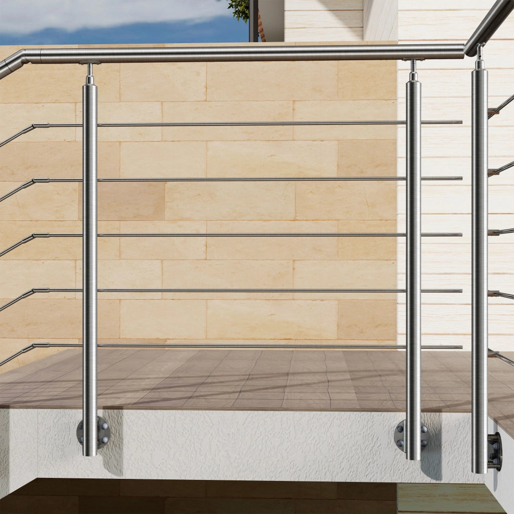 Ringhiera Balaustra Corrimano in acciaio inox 304 spazzolato per scale 120 cm, 5 barre trasversali, fissaggio laterale, per interni ed esterni