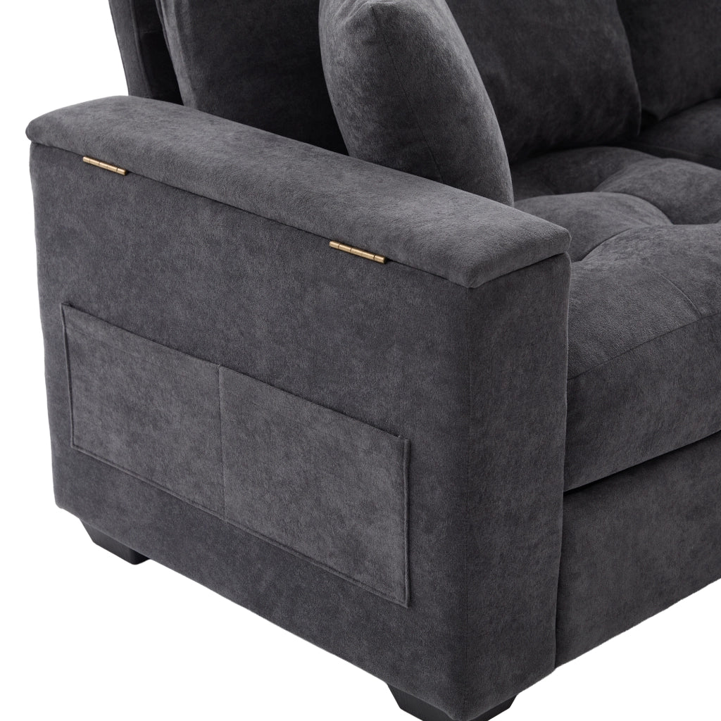 Divano a 2 posti con contenitore nei braccioli e tasche laterali, cuscini inclusi, in chenille grigio scuro