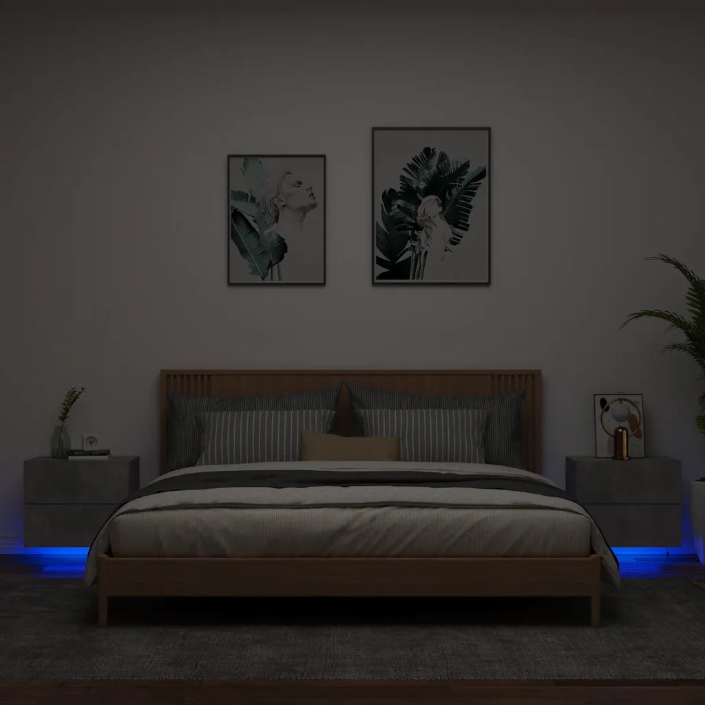 Set di 2 Comodini | Armadio da Notte | Mobiletto da notte a Parete con Luci LED Grigio Cemento