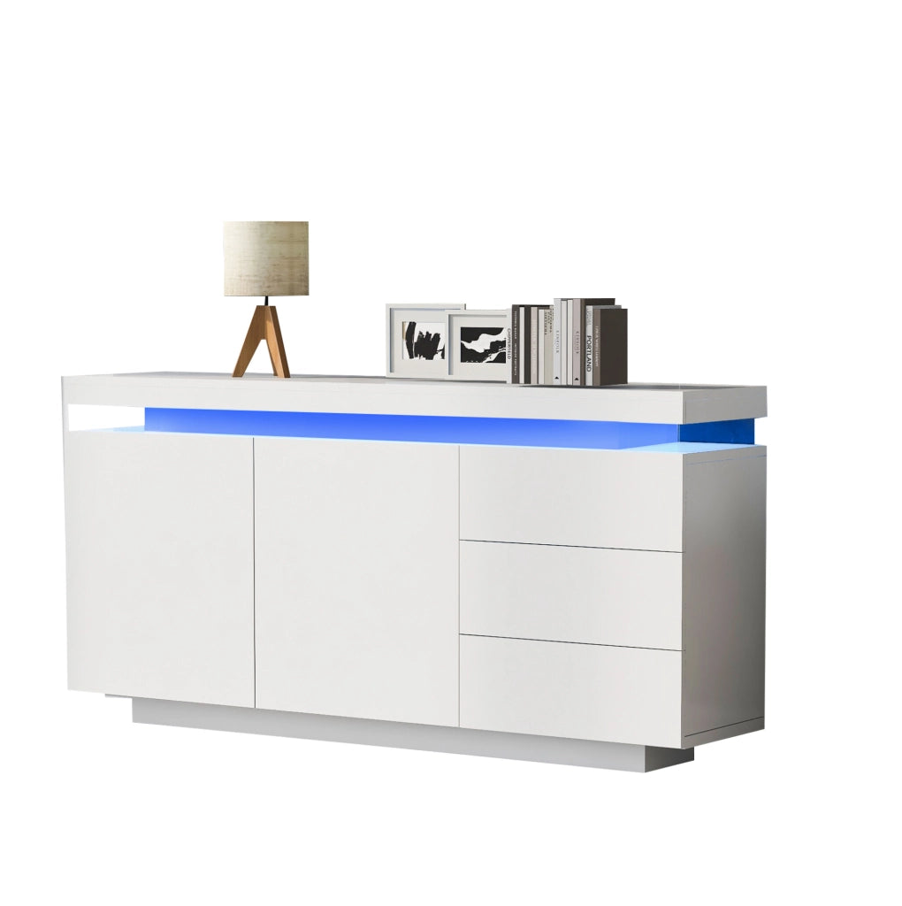 Credenza 140x35x72.5 cm con LED; 2 ante e 3 cassetti; bianco