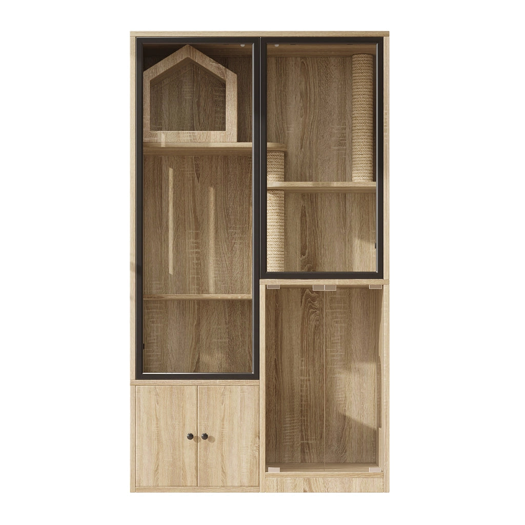Casa per Gatti a 4 Livelli 90×50×160 cm con Vetro Temperato; Tiragraffi e Ripiani; Effetto Legno Naturale