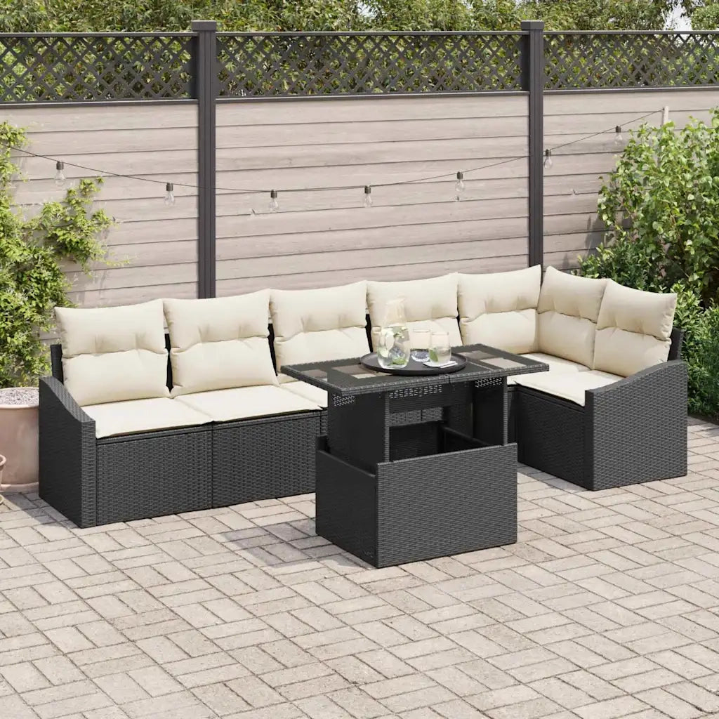 Set Divano da Giardino con cuscino 7 pcs Nero e crema