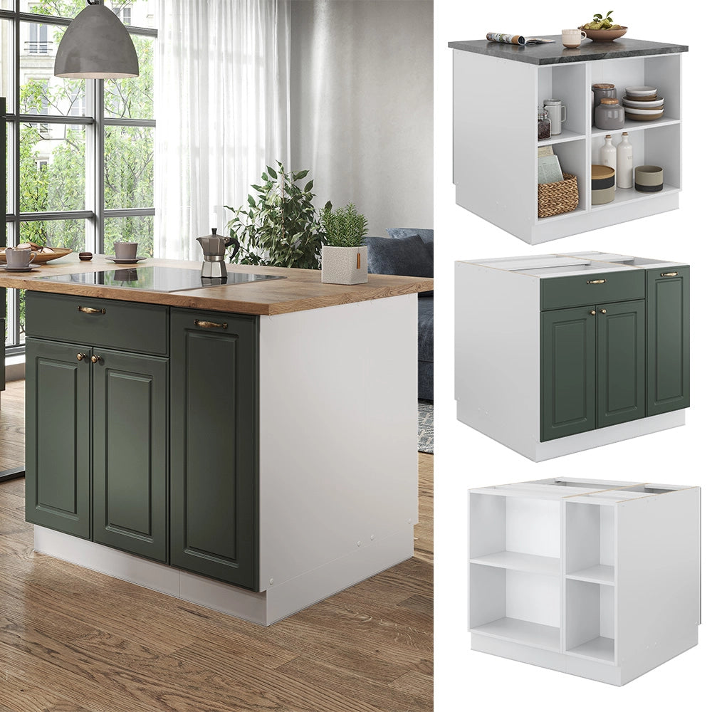 Isola cucina Fame-Line Verde-oro rustico/Bianco 90 cm con cassetto, senza piano di lavoro Vicco