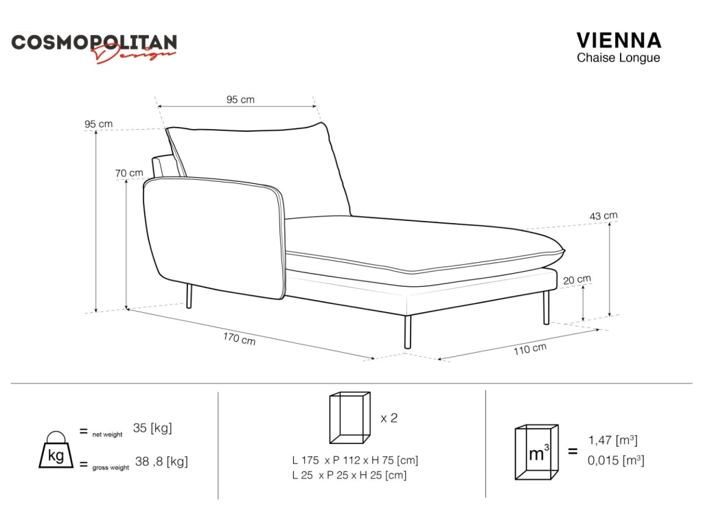 Cosmopolitan Design - Chaise longue sinistra "Vienna" in velluto nero 