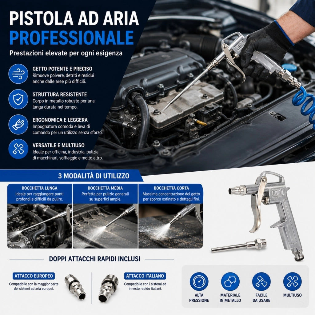 Pistola Aria Compressa Per Compressore con 2 Bocchette Accessori Attacco Rapido