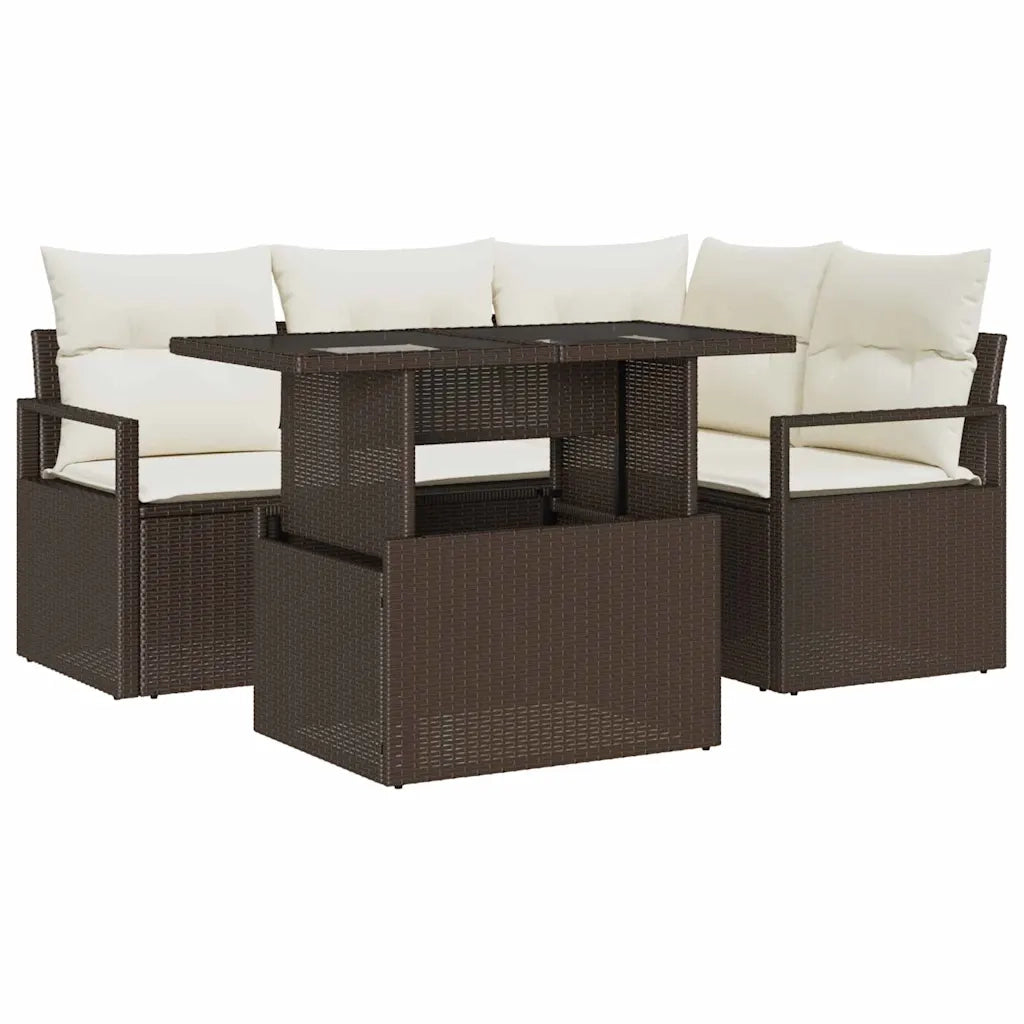 Set Divano da Giardino 5 pcs Marrone e Crema polyrattan