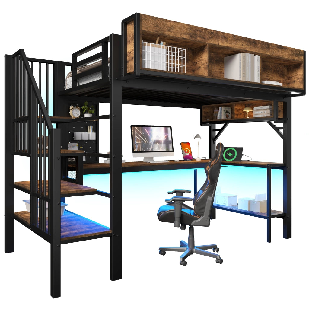 Letto a Soppalco con Scrivania e LED ¨C MINIMAL ¨C 90x200, Legno, Nero, Presa USB