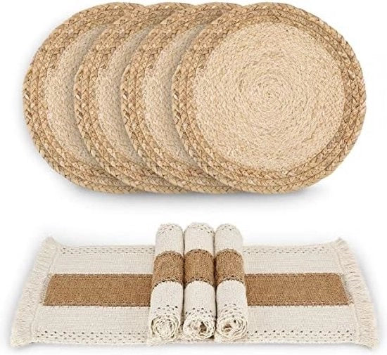 Set di tovaglie per tavola artigianali a tema boho - Combinazione tessile naturale juta e cotone, intrecciata con acqua, set di 4 tovaglie per tavola, decorazioni macramé e stile rurale per tovaglie per tavola da cucina e da sala.