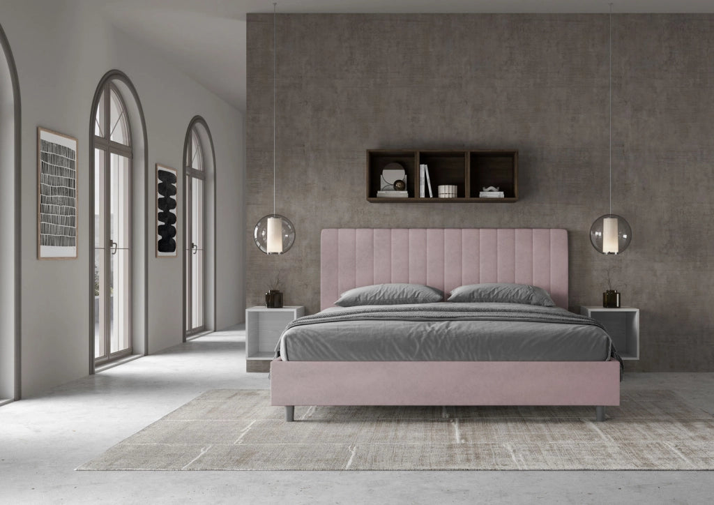 Letto Matrimoniale King Size 200x200 cm con Rete Imbottito in Microfibra Agueda Glicine