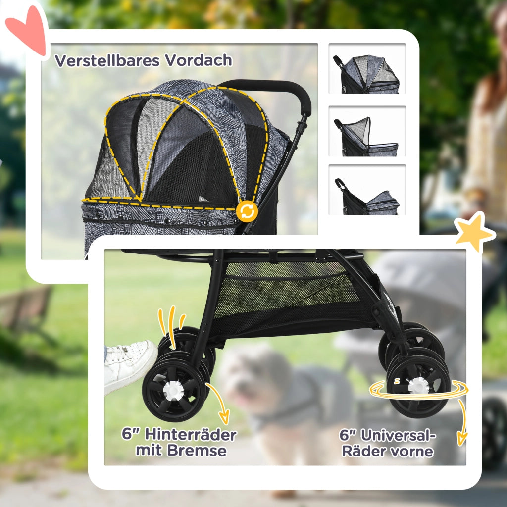 Carrello per Cani Pieghevole con Cuscino e Tasche ¨C Minimal ¨C Grigio 81x48x99 cm