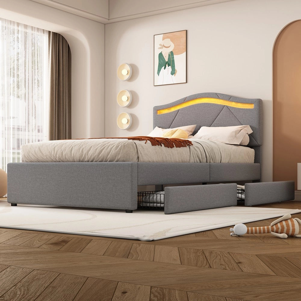 Letto Imbottito con LED e Cassetti ¨C MINIMAL ¨C Testiera Regolabile, Grigio, 90x200