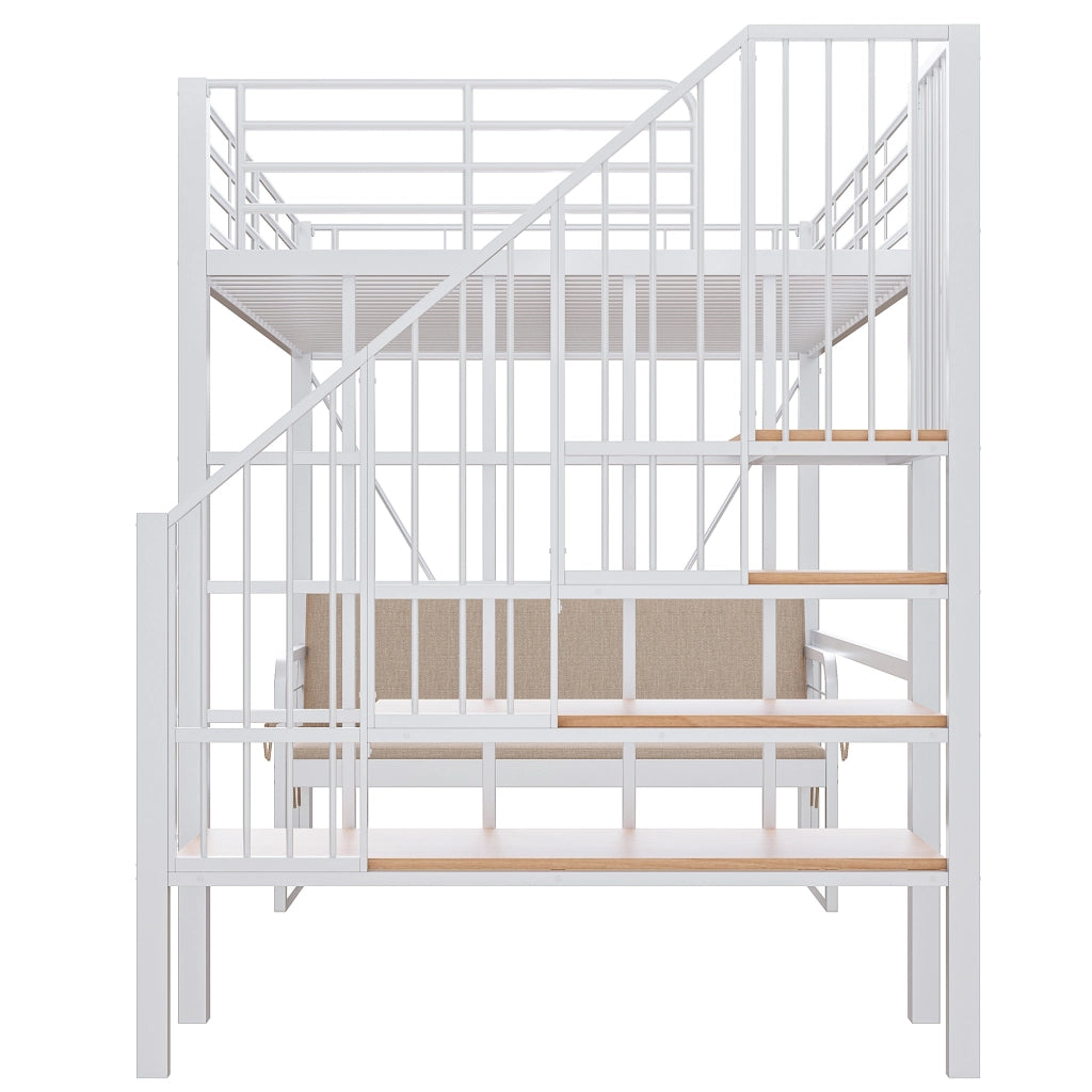 DESMIU Letto a castello 140 × 200 cm 3 posti con scala contenitore e divano sfoderabile, senza materasso, bianco