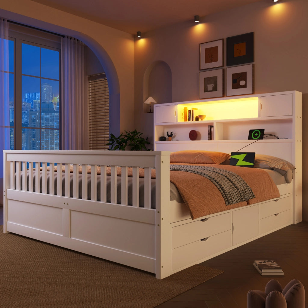 Letto a piattaforma con ripiani e cassetti - Zephmum- 160x200 cm, LED, USB, bianco