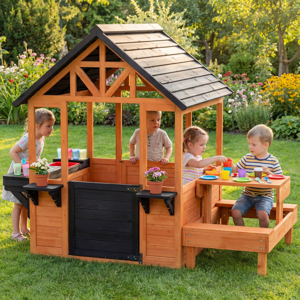 Casetta in Legno per Bambini 3-8 Anni con Tavolo e Panche ¨C zephmum ¨C Marrone