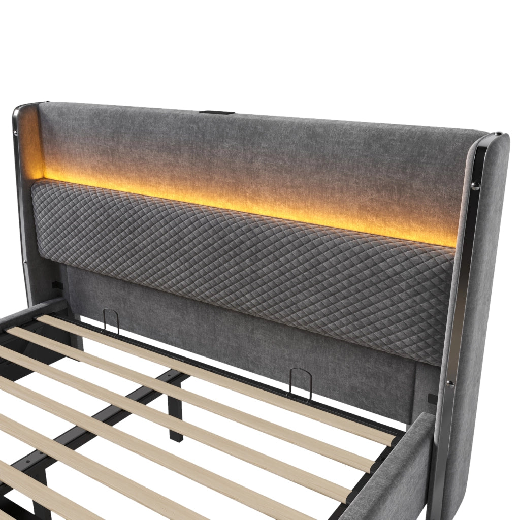 Letto contenitore 140 × 200 cm con testiera alta, LED, USB e Type-C, materasso incluso, grigio