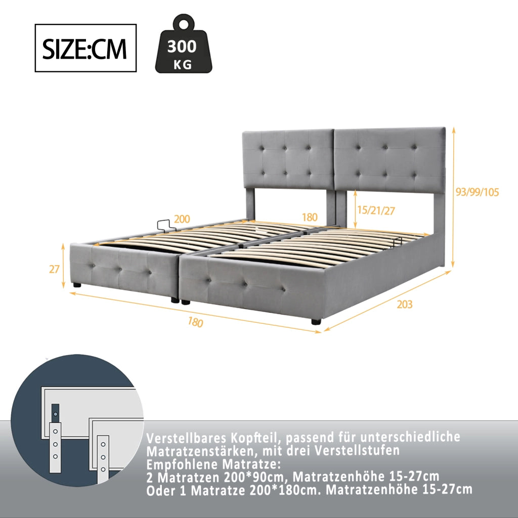 letto imbottito velluto grigio 180 x 200 cm