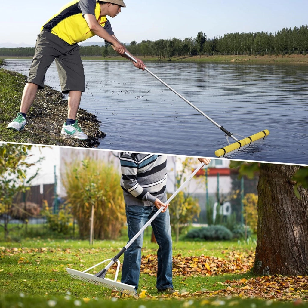 Rastrello da Lago in Alluminio, Rastrello da Giardino 36 Denti con Testa del Rastrello 92 cm, Manico Telescopico Regolabile e 600 cm Corda da Lancio per Ambienti Terra/Acqua, 230 x 92 cm