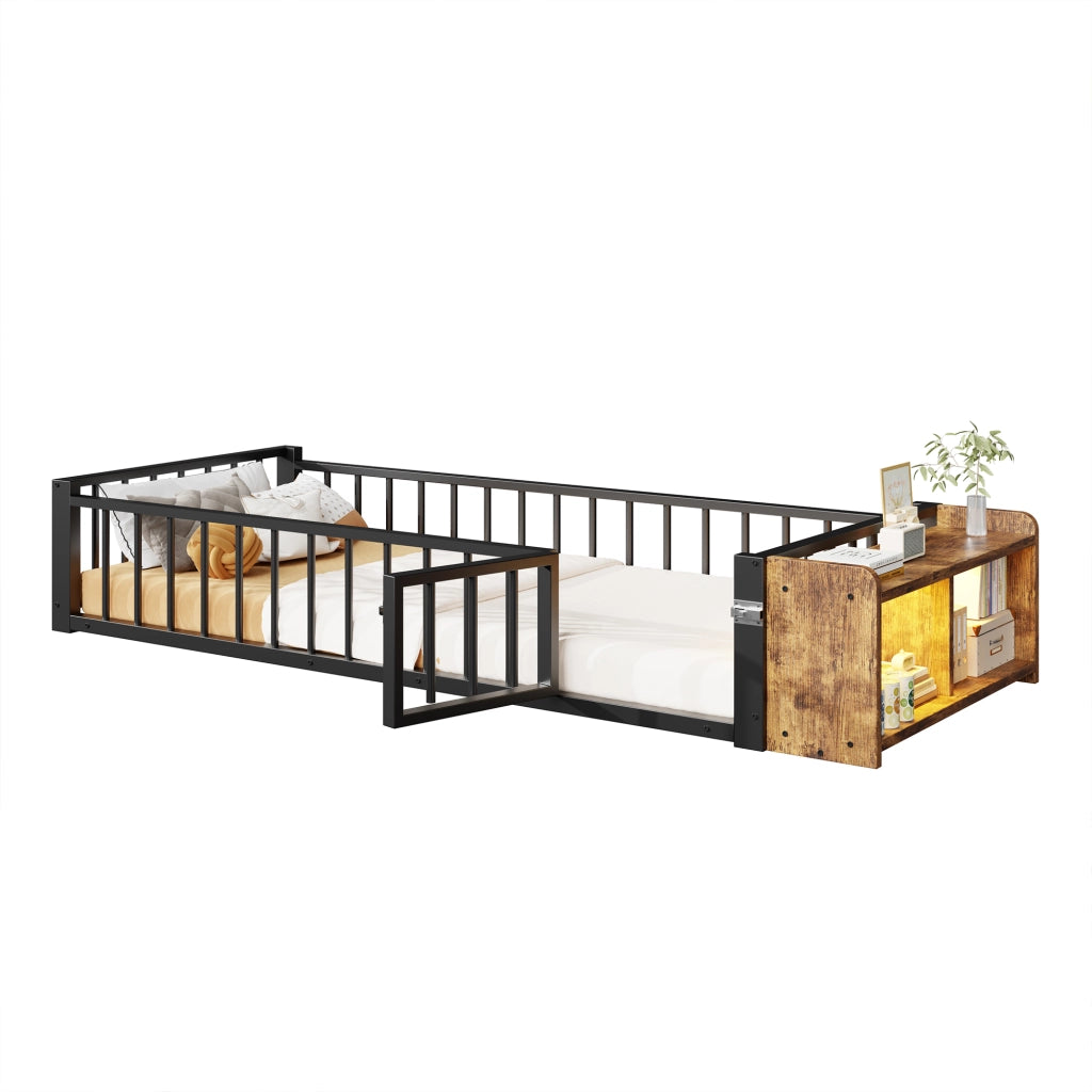 LETTO 90x200 cm in metallo e MDF con sponda, vano aperto e LED, nero