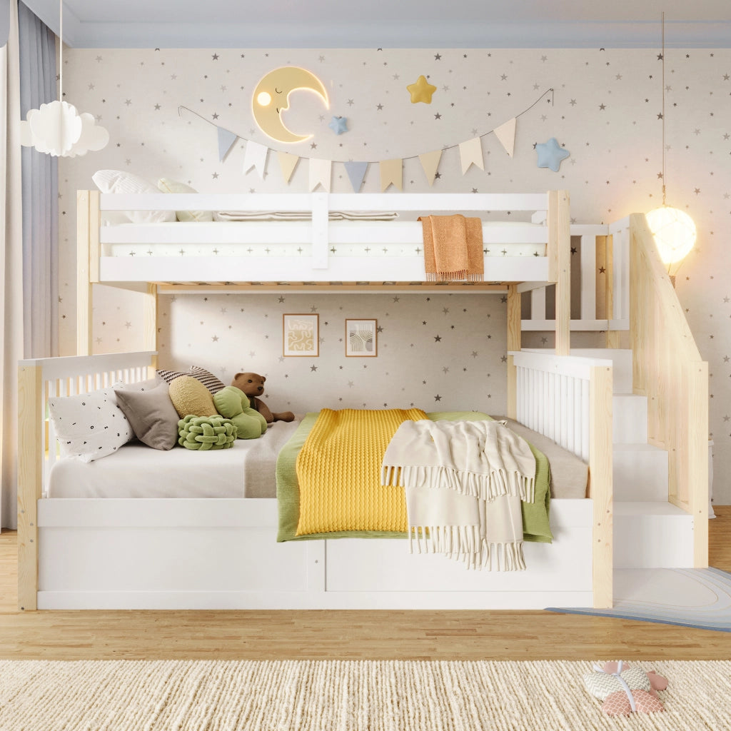 OKWISH Letto a Castello 90×200 cm e 140×200 cm, Letto 3 Posti con Contenitore Idraulico, Scala con Contenitori e Sponde, senza Materasso, Bianco e Naturale