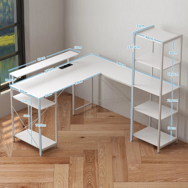 Scrivania ad Angolo L con ripiani; presa USB e USB-C - per studio - bianca