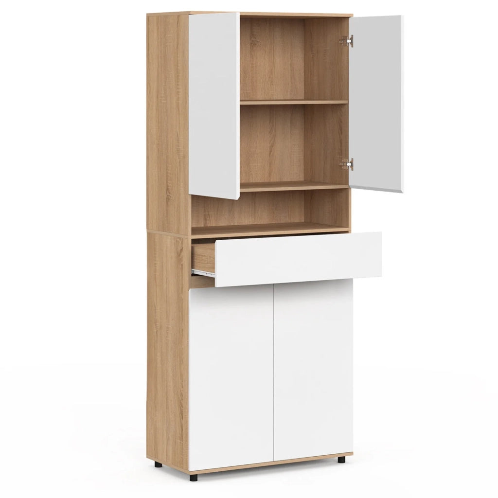 IDMarket - Mobile bagno TOMI 4 ante 2 cesti portabiancheria estraibili 1 cassetto finitura faggio e bianco