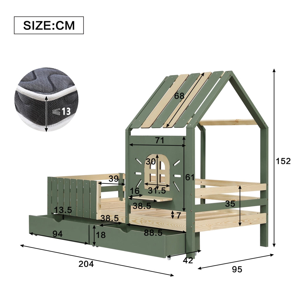 Letto per bambini a casetta con 2 cassetti e recinto 90x200 cm verde e naturale