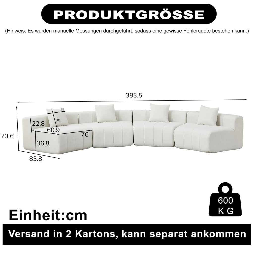 DIVANO Modulare Curvo 4 Posti in Chenille Beige con 2 Cuscini