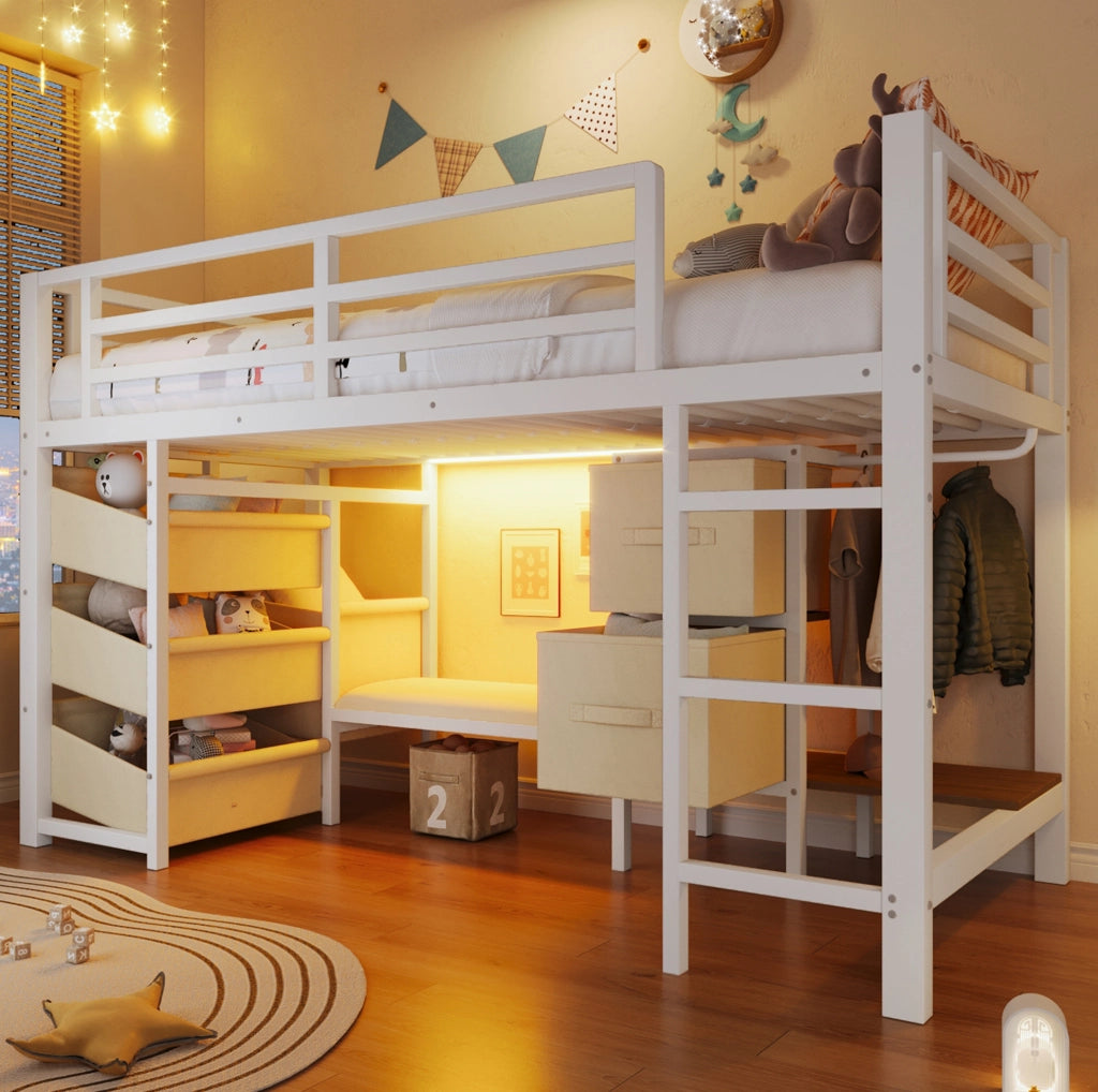 Letto medio alto 90x200 cm in metallo bianco con cuscino; LED multicolore e contenitore