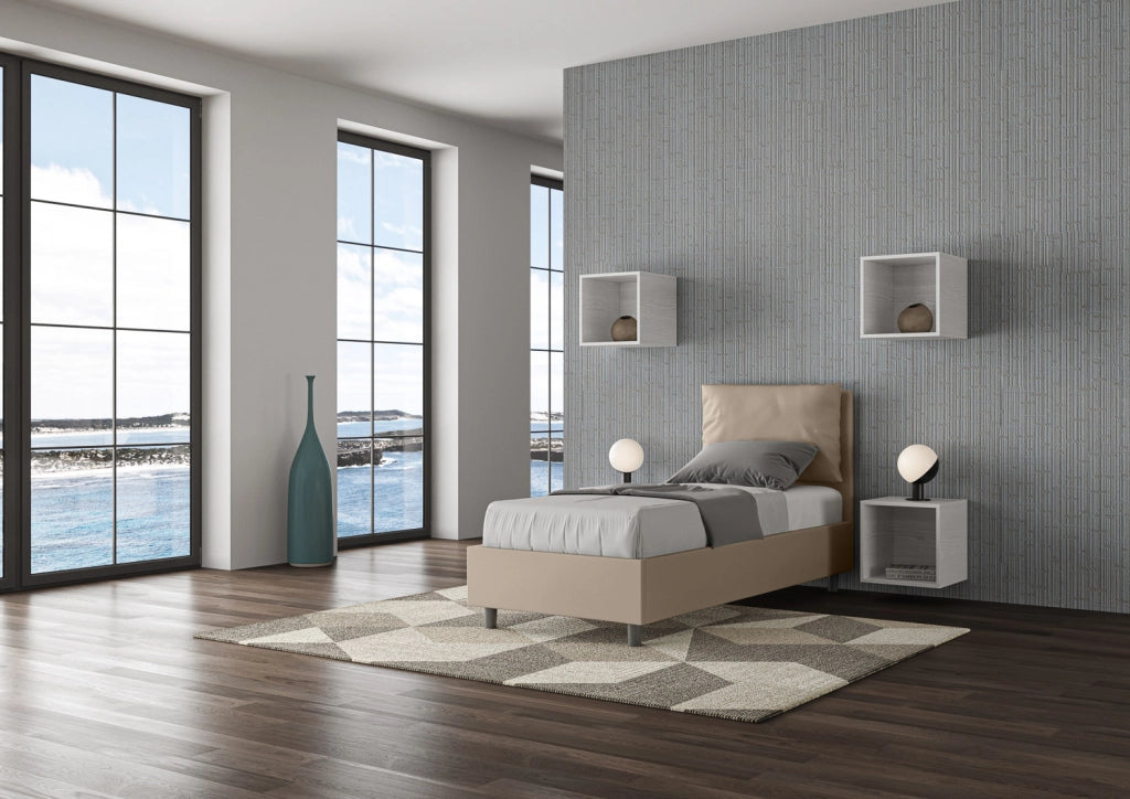 BS COM Letto singolo contenitore imbottito 80x200 similpelle tortora