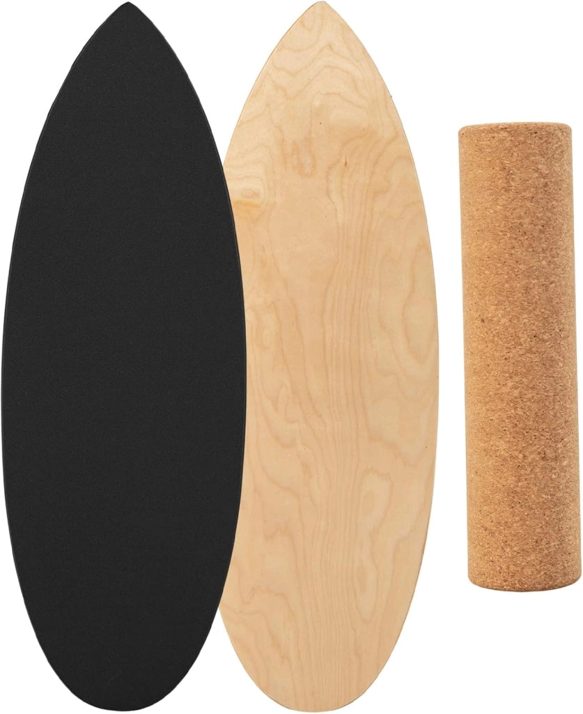 Balance Board in Legno, Tavola di Equilibrio con Rullo e Tappetino per Allenamento Skateboard Hockey Snowboard Surfing, per Esercizi Equilibrio e Tonificazione Core, Portata 227 kg (Nero)