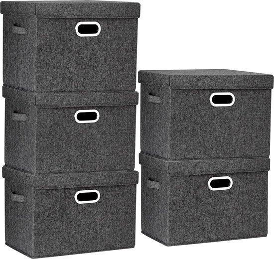 Scatole di archiviazione con coperchio, grandi, scatole di archiviazione con coperchio per armadi, cameretta, scatole di archiviazione per l'organizzazione di casa e ufficio, 5 pezzi, nero
